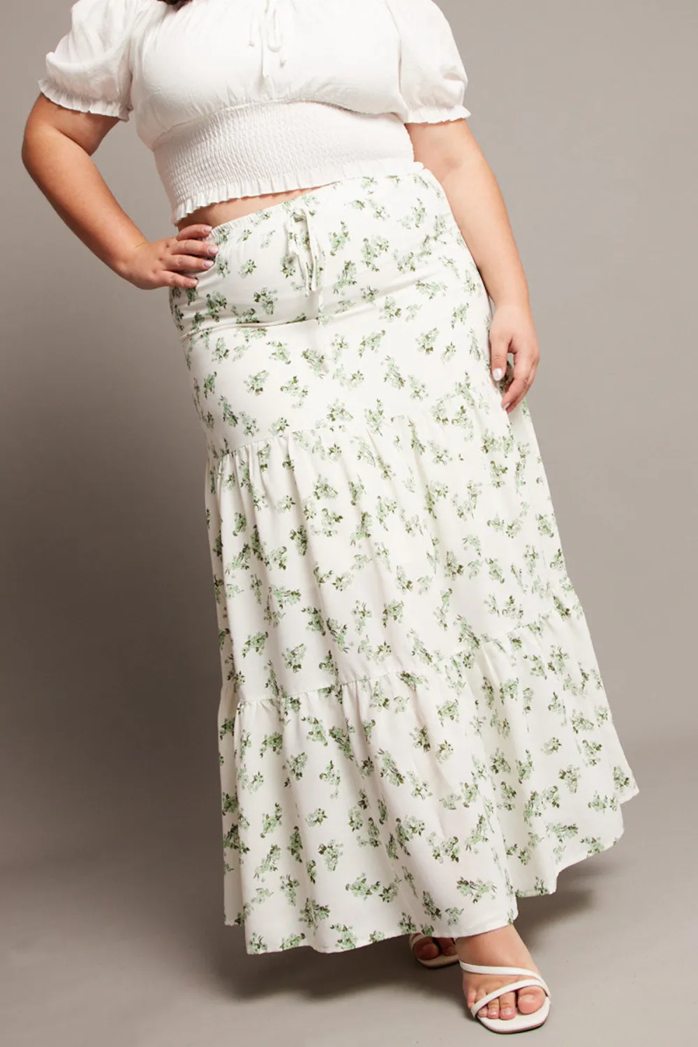 Green Ditsy Elastic Waist Maxi Skirt