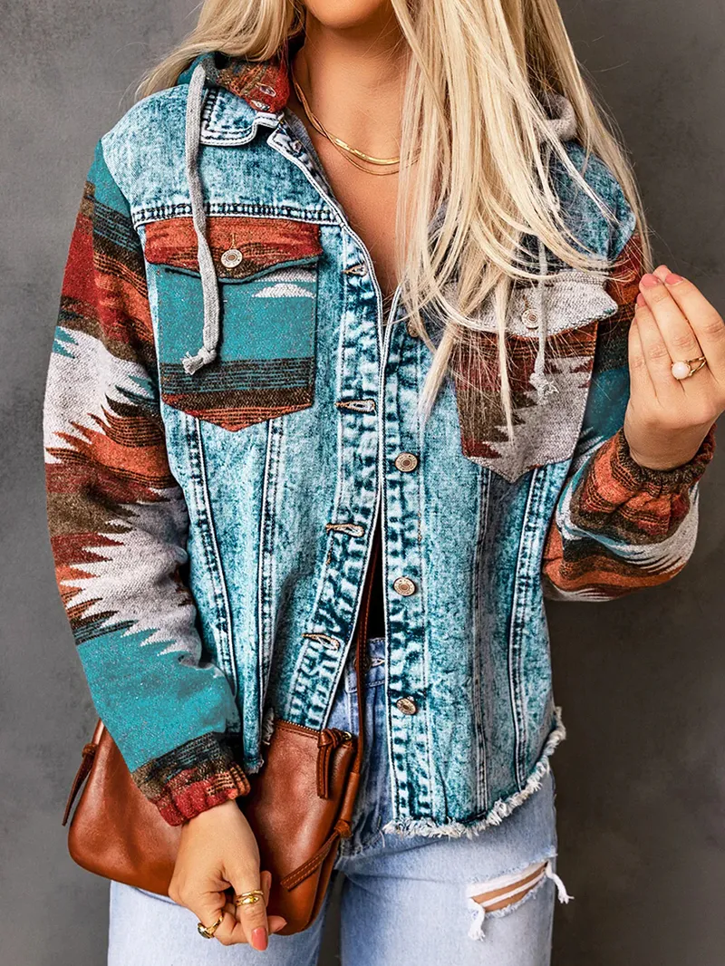 Retro print patchwork hooded denim jacket