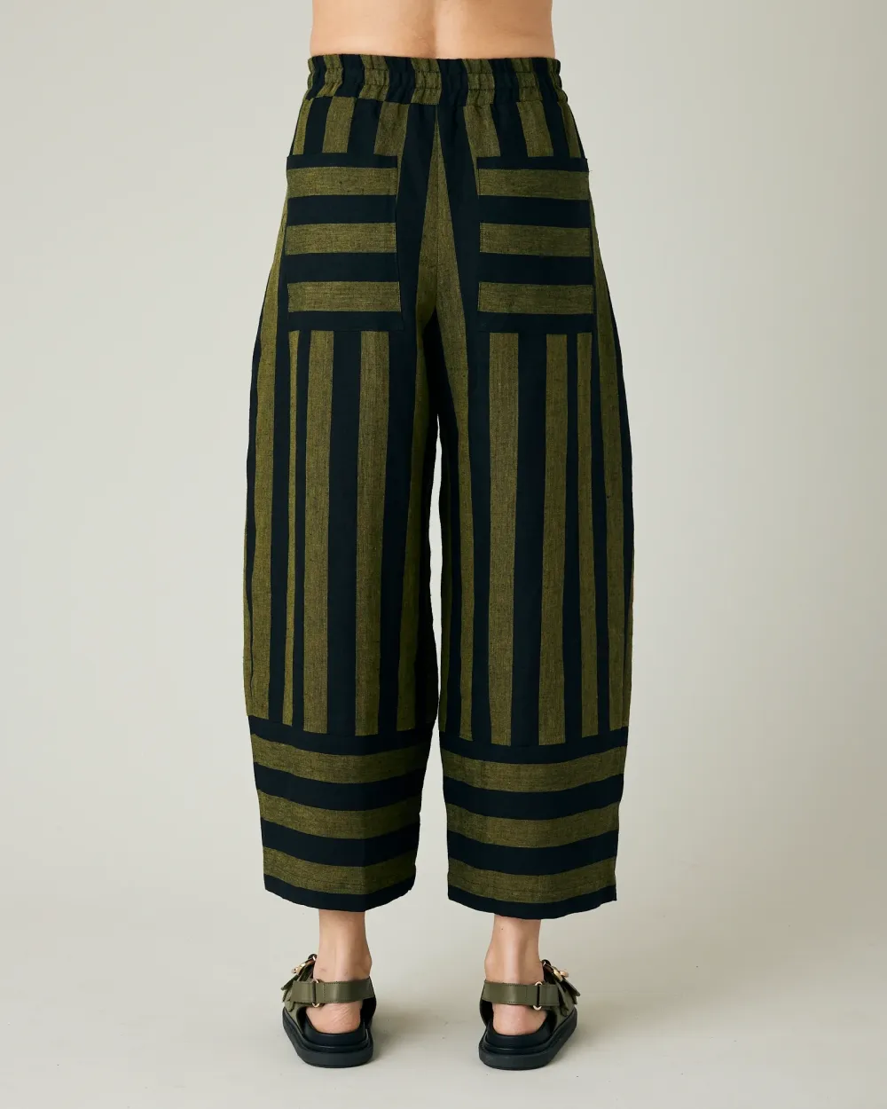 BOBBI BLACK & OLIVE STRIPE LINEN TROUSERS