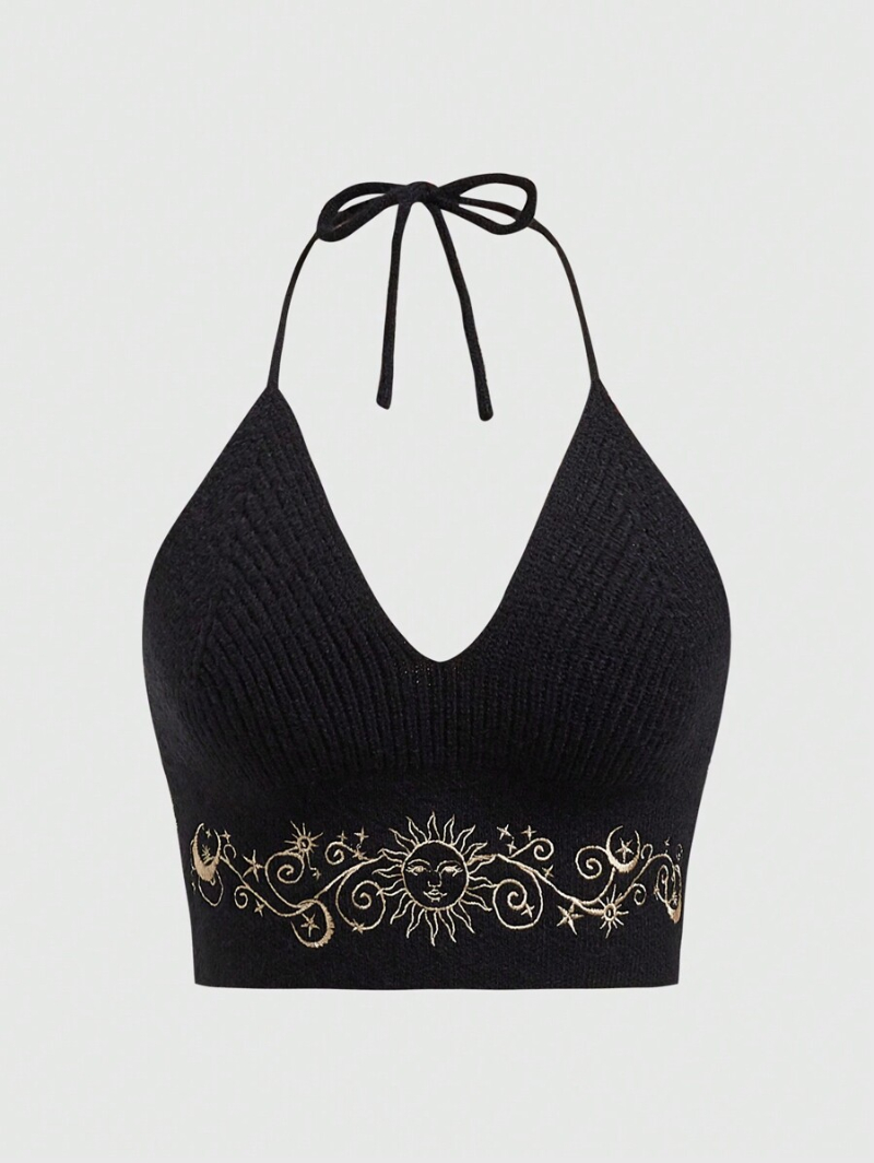 Hippie Summer Sexy Embroidered Backless Halter Knitted Top