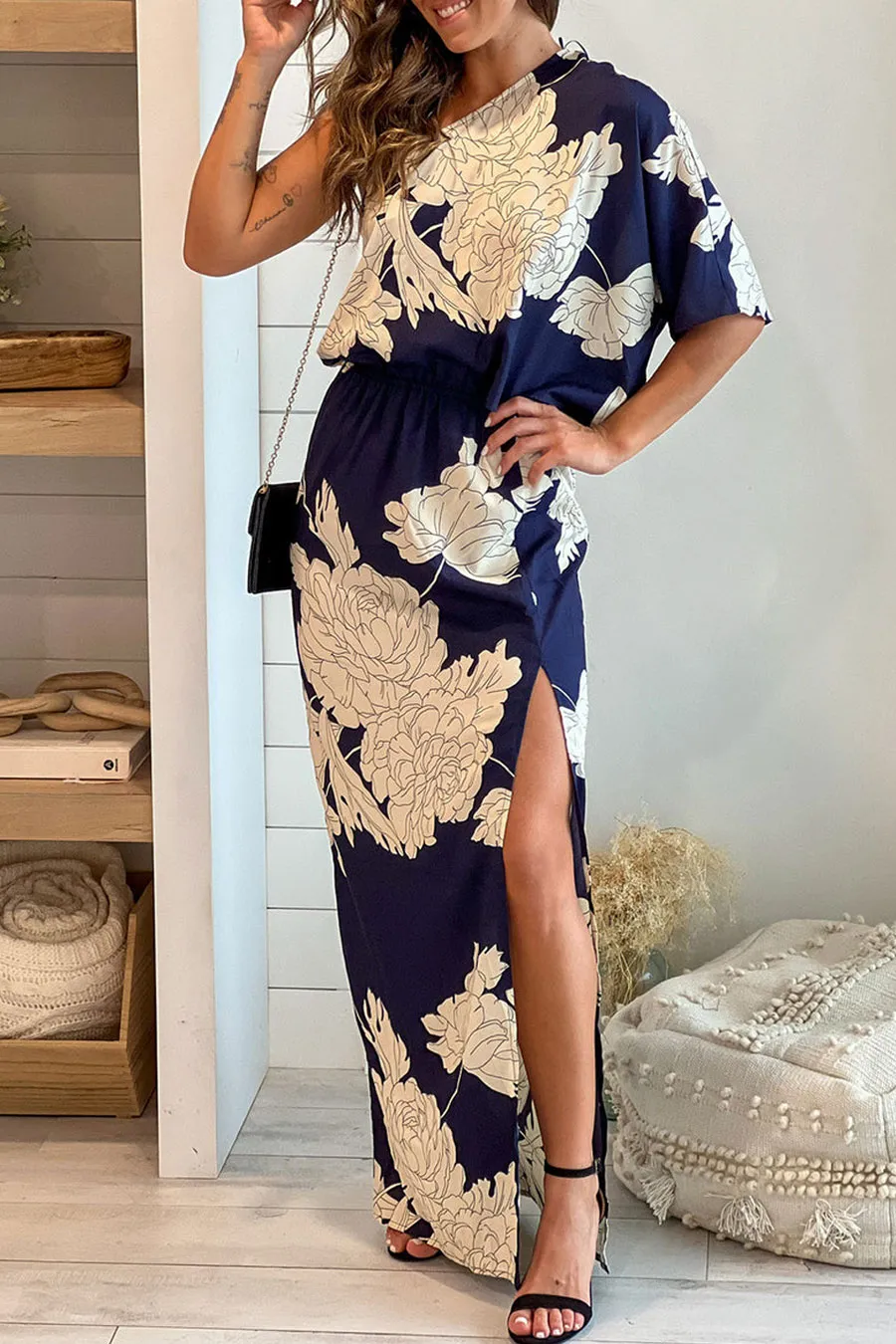 Navy And White One Shoulder Maxi Dress With Slit