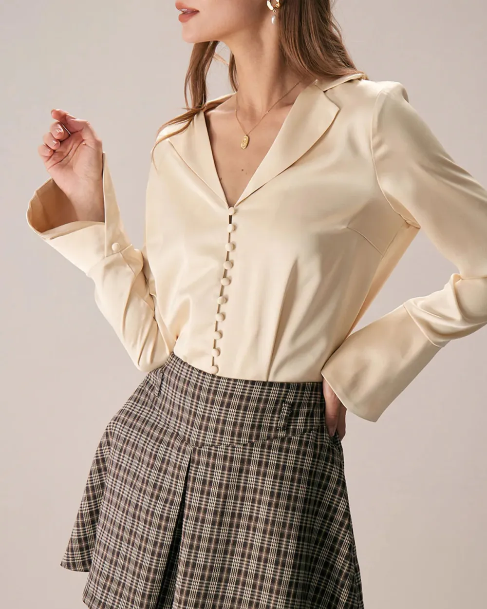 The Apricot Lapel Button Up Flare Sleeve Shirt