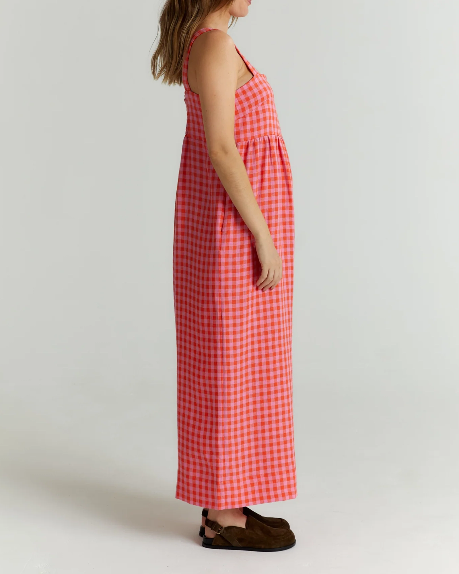 CARI TOMATO & PINK CHECK LINEN JUMPSUIT