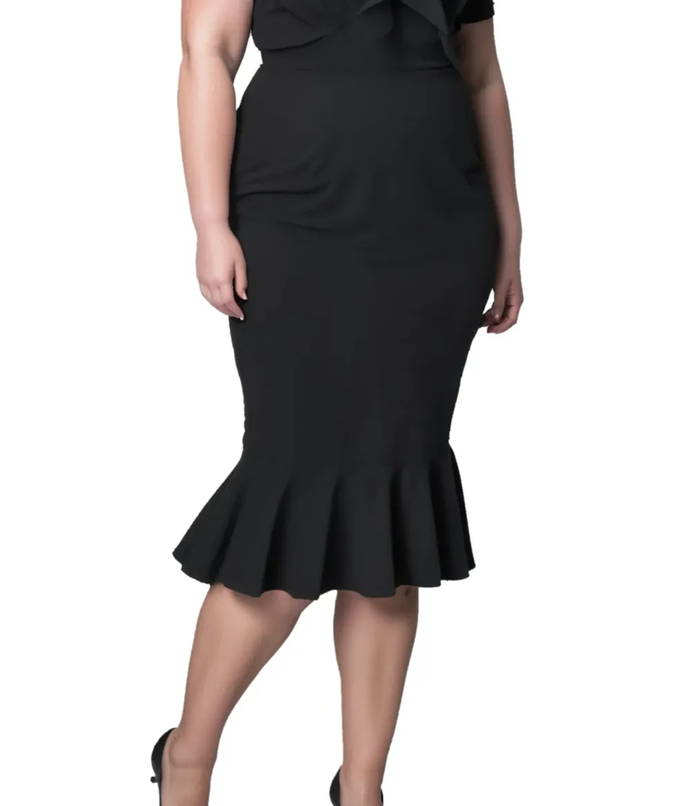 Unique Vintage Plus Size 1940s All Black Holloway Wiggle Dress