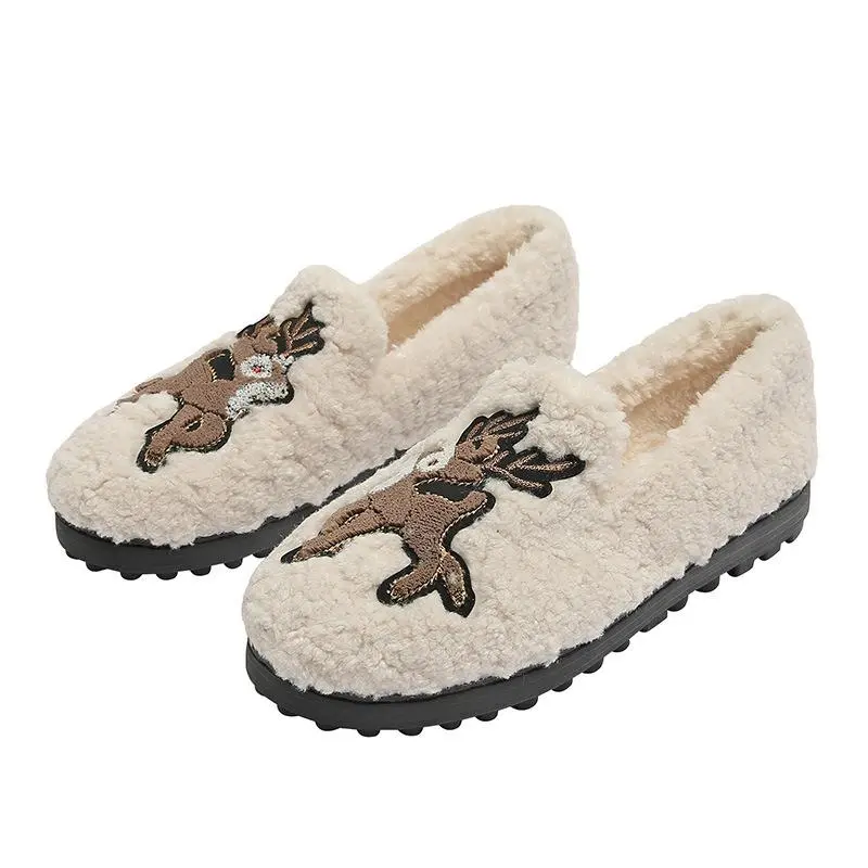 Furry Outer Wearing Flats Loafers Pearl Decor Backless  Wild Fluffy Flat Mules Warm