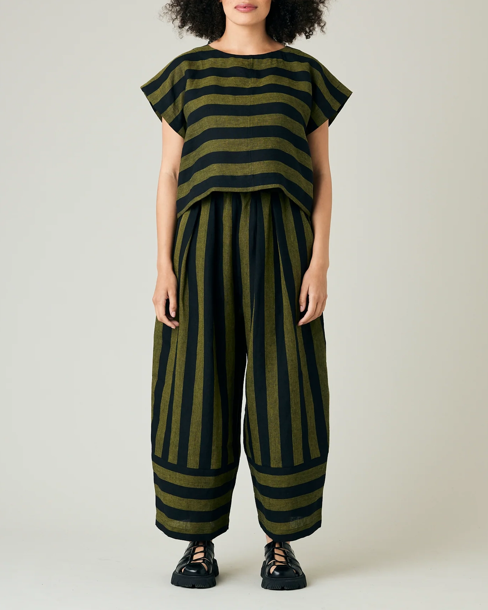 BOBBI BLACK & OLIVE STRIPE LINEN TROUSERS