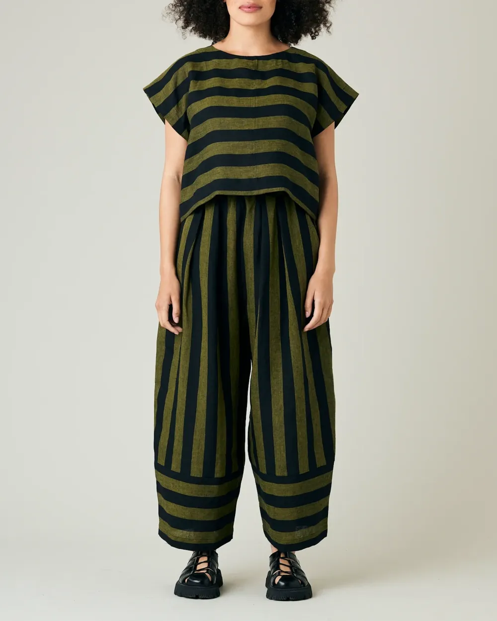 BOBBI BLACK & OLIVE STRIPE LINEN TROUSERS