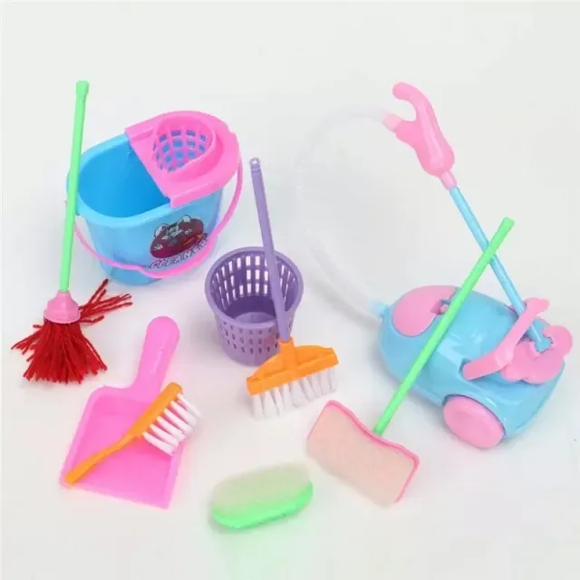 Free Shipping 9pcs/set Mini Cleaning Set Doll House Decoration Home Furniture Furnishing Cleaning Cleaner Kit For Doll House