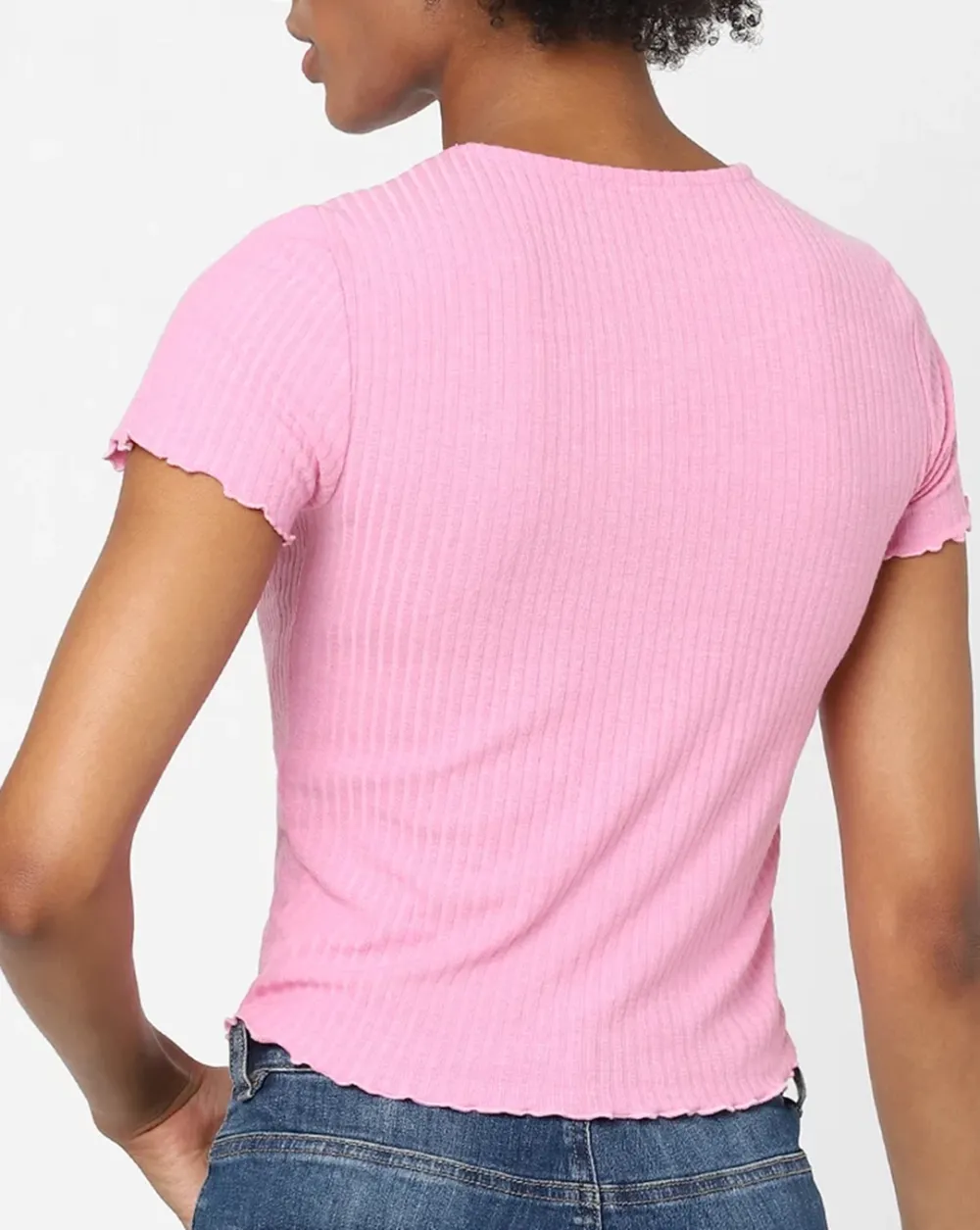 Pink Ribbed Cropped T-shirt