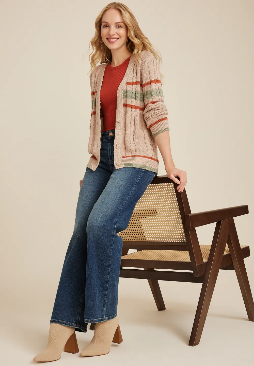 Prep Striped Cable Knit Button Down Cardigan