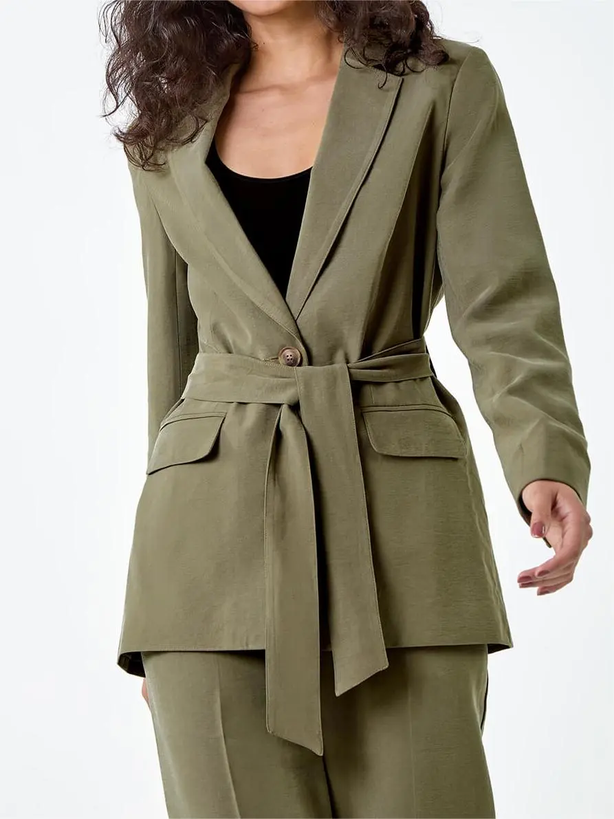 Khaki Tie Belt Blazer Jacket