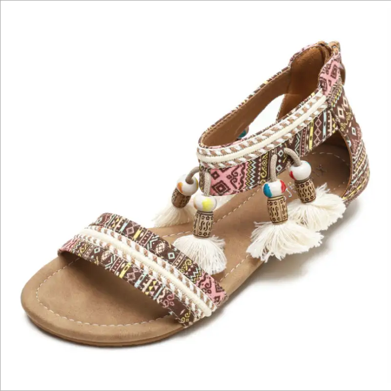 Bohemian Wedge Sandals Women European and American National Style Summer Open Toe Pendant Beads Tassel Travel Roman Sandals