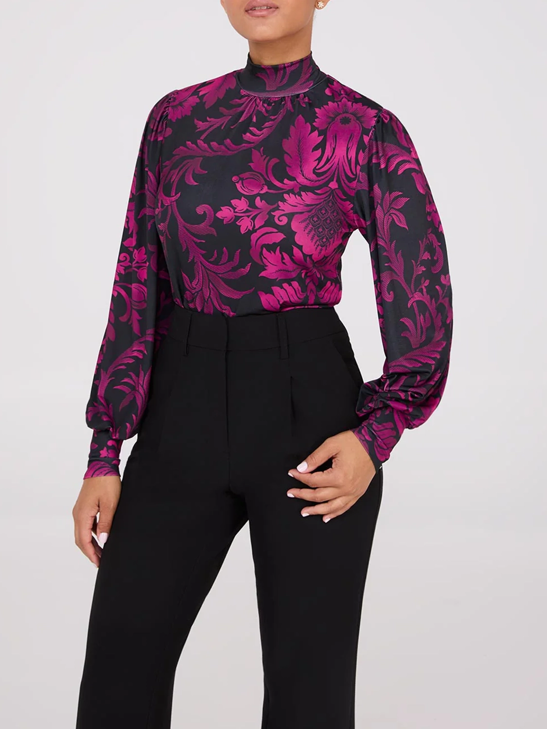 Printed Long Balloon Sleeve Mock Neck Blouse