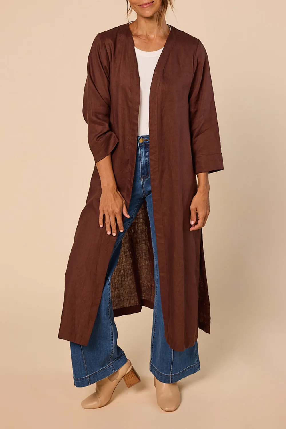 Long Line Linen Duster Jacket In Raisin