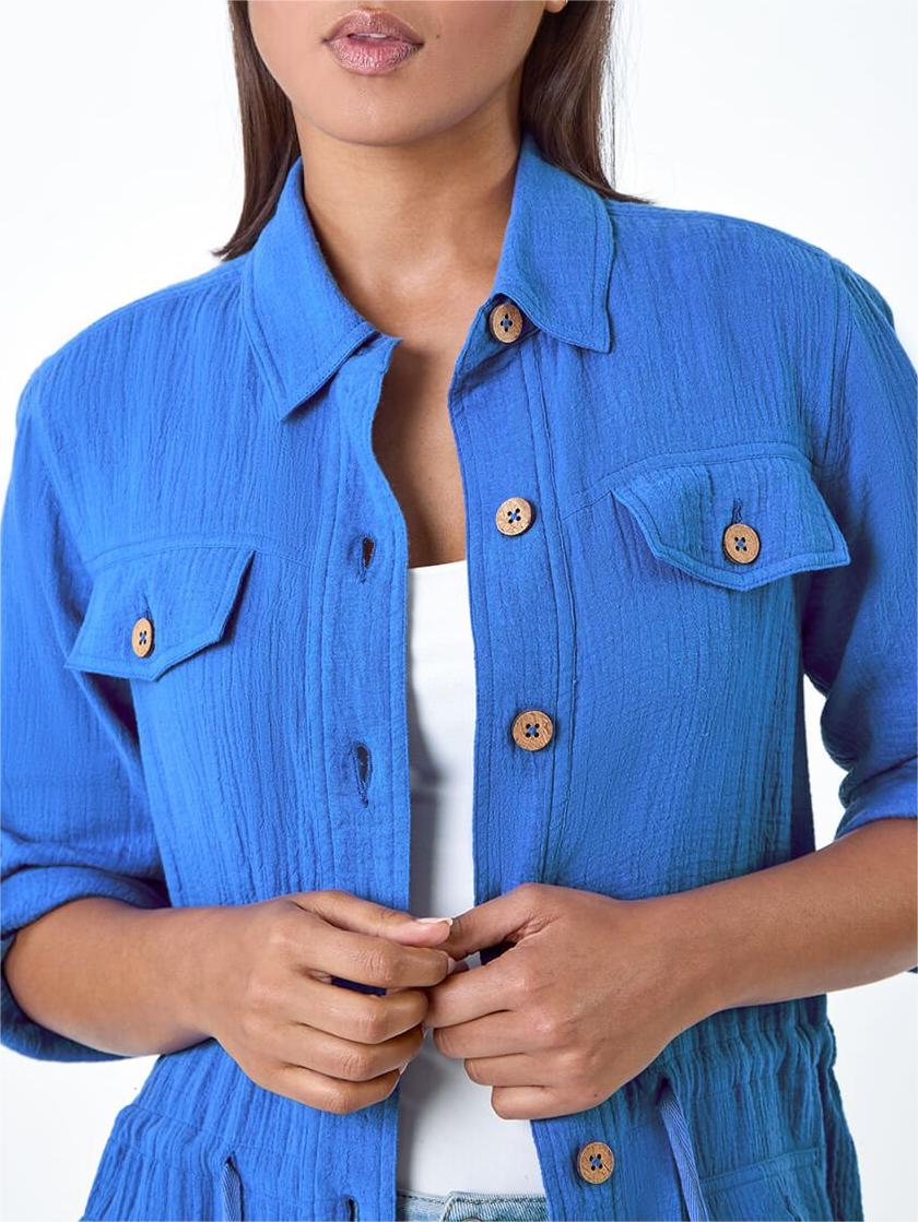 Blue Textured Tie Waist Shirt Jacket