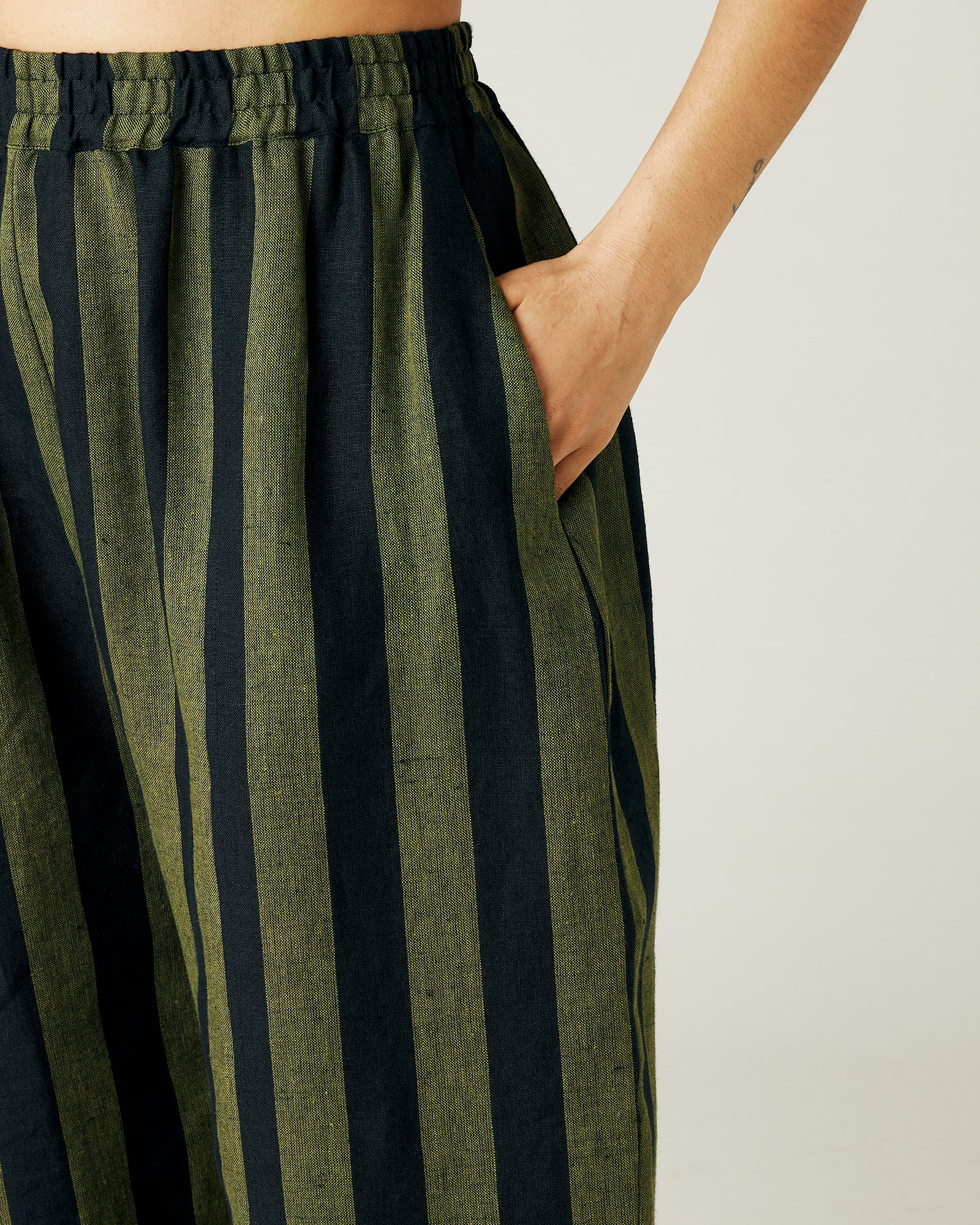 OLIVE AND BLACK STRIPE LINEN TROUSERS