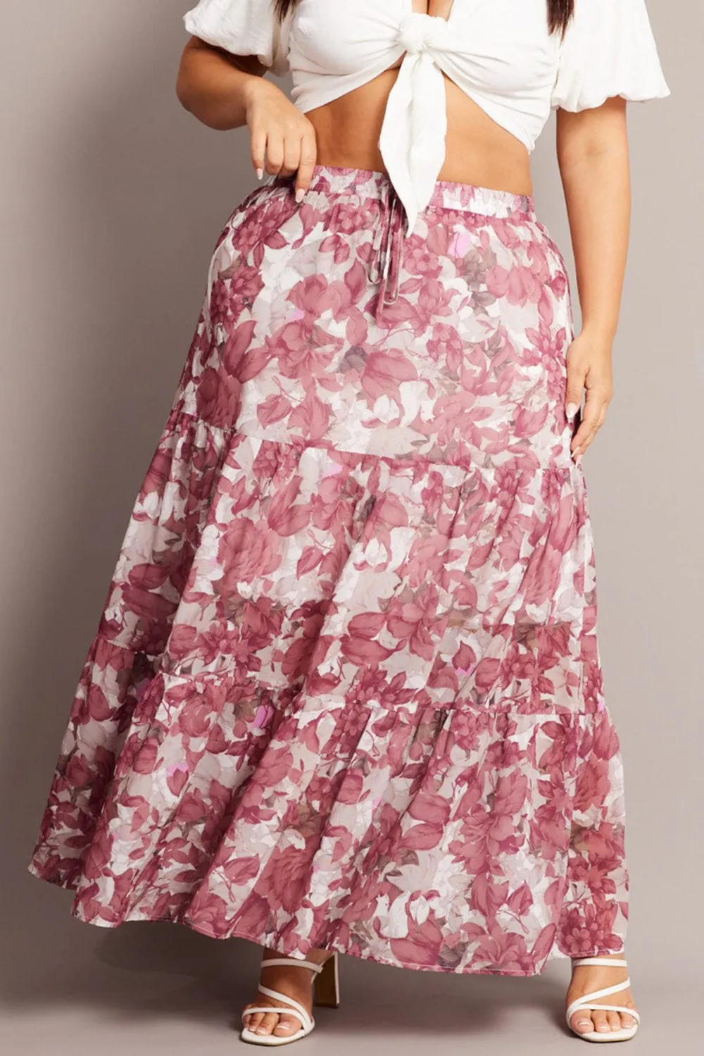 Pink Floral Elastic Waist Chiffon Maxi Skirt