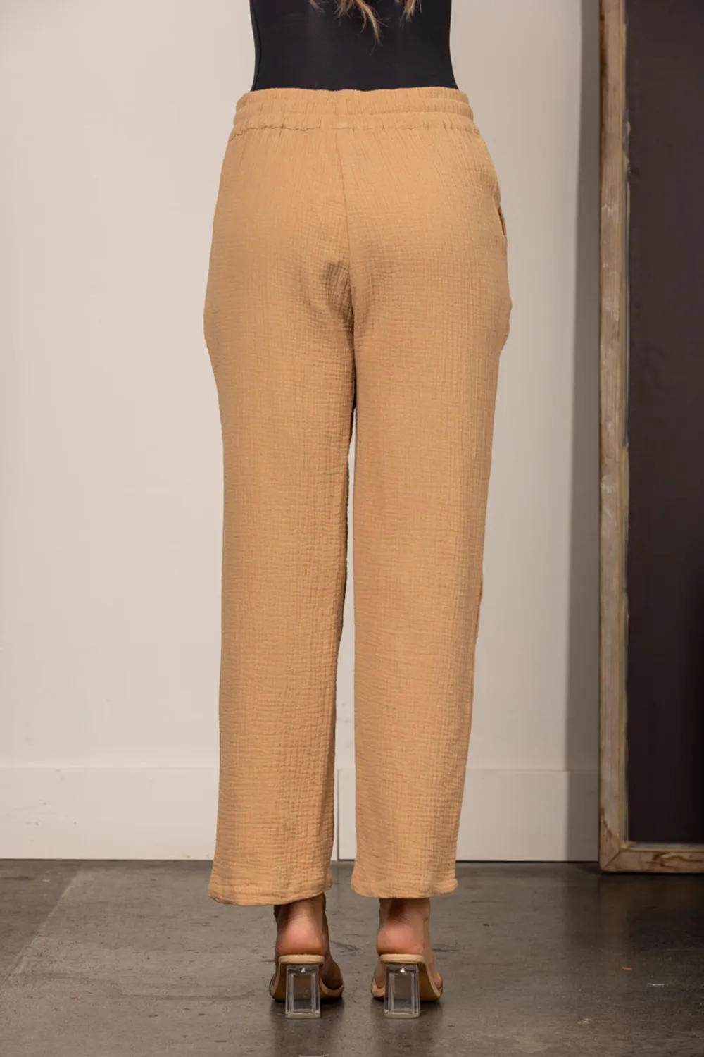 TAUPE DRAWSTRING STRAIGHT LEG LINEN PANTS