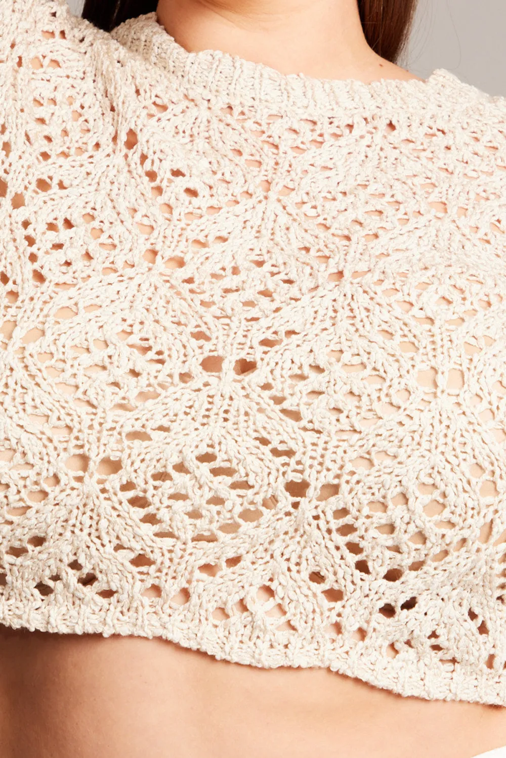 Beige Crochet Knit Top Long Sleeve Crew Neck