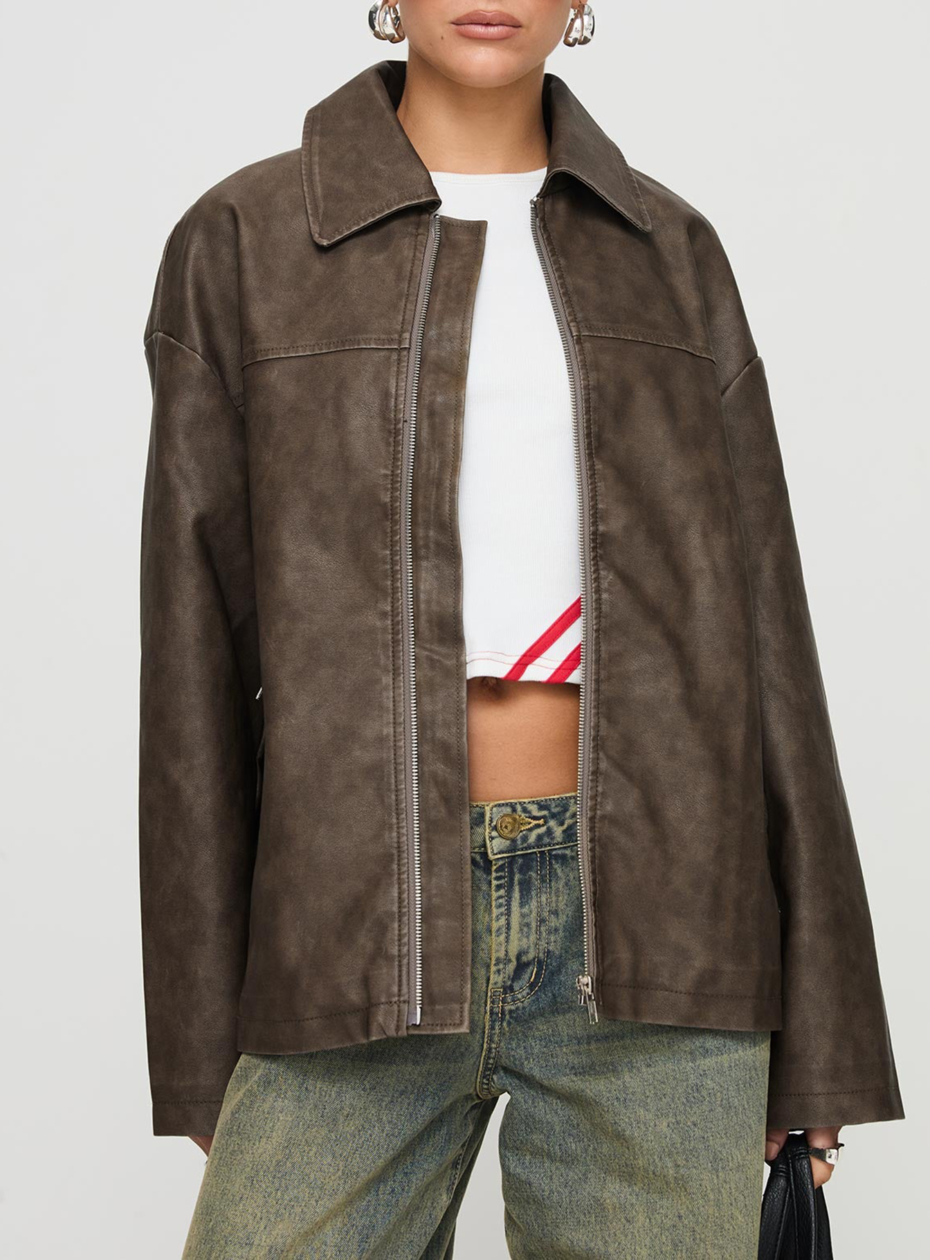 Faux Leather Collared Dad Jacket Washed Brown