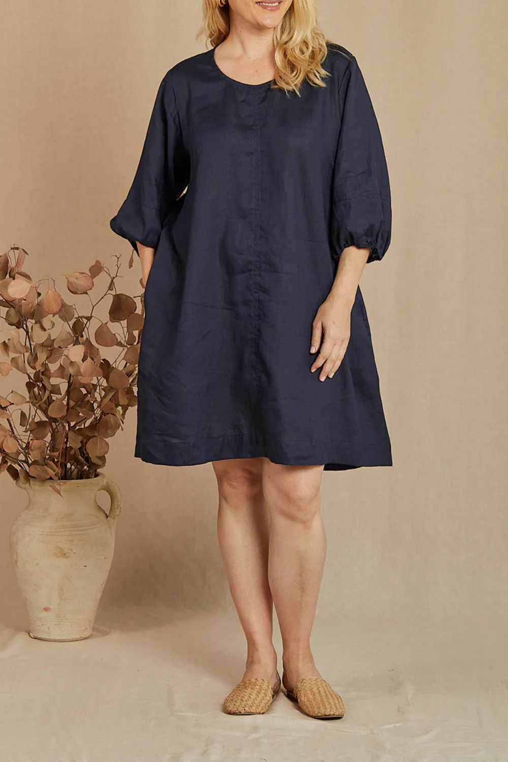 Hazel Short Linen Shift Dress in Navy