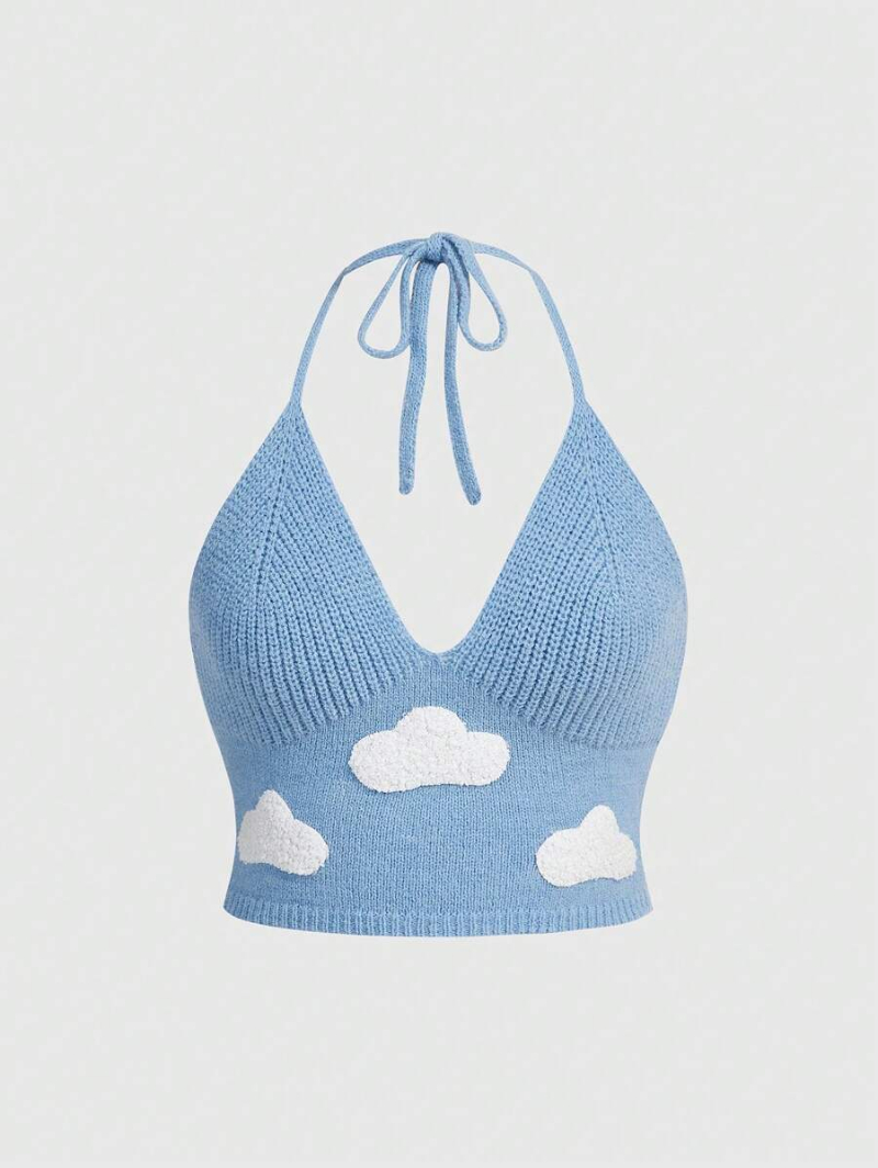 Kawaii Knitted Top With Cloud Print And Hanging Straps