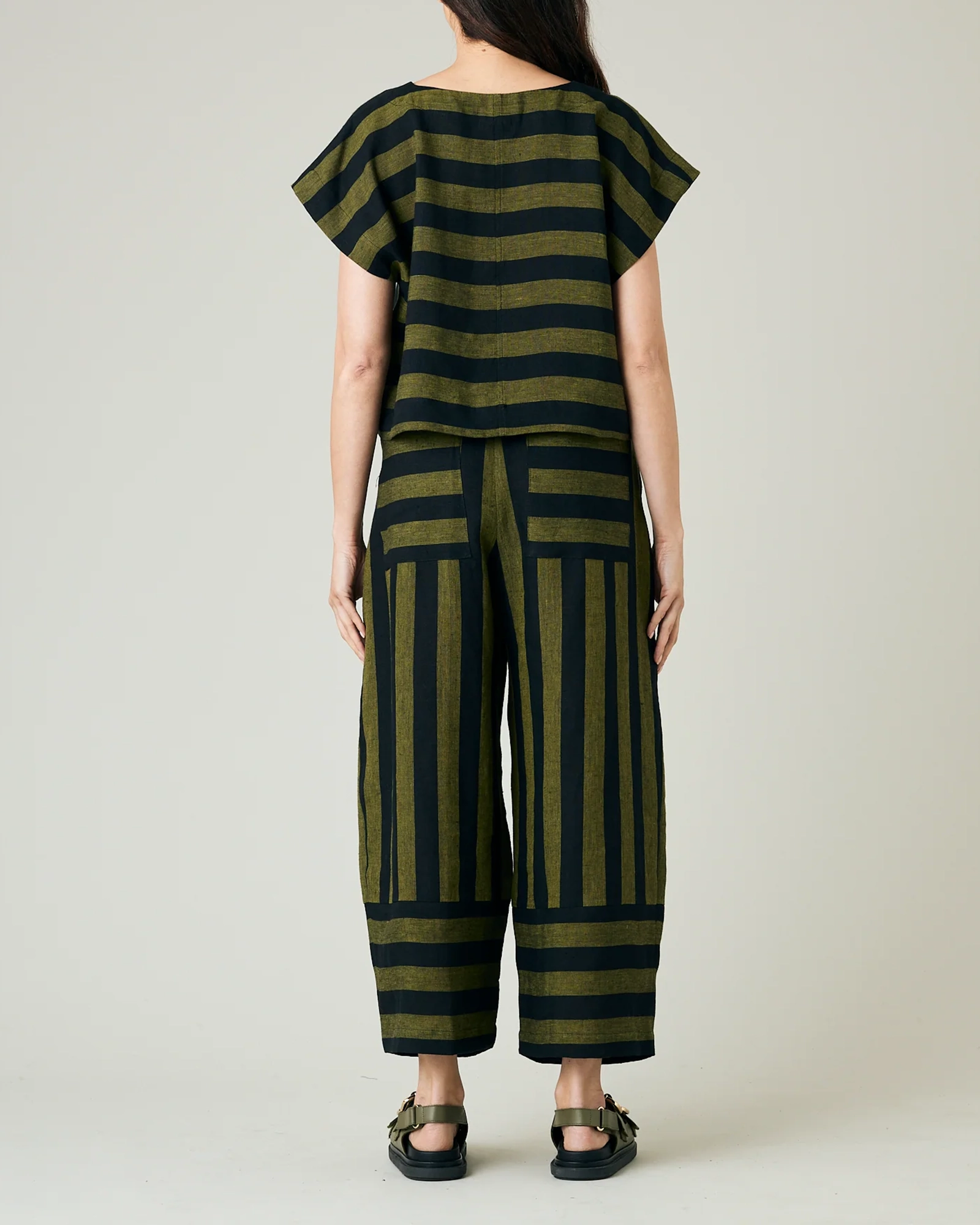 BOBBI BLACK & OLIVE STRIPE LINEN TROUSERS