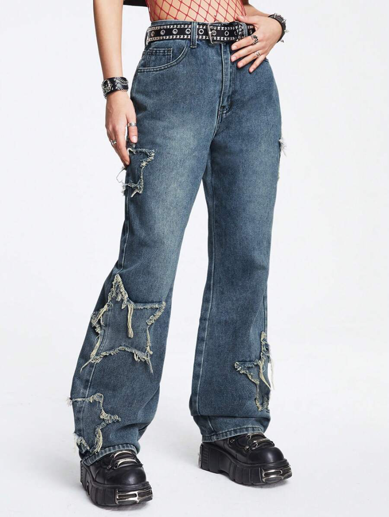 Grunge Punk Retro Cool Street Style Star Patch Embroidered Loose Straight Denim Trousers