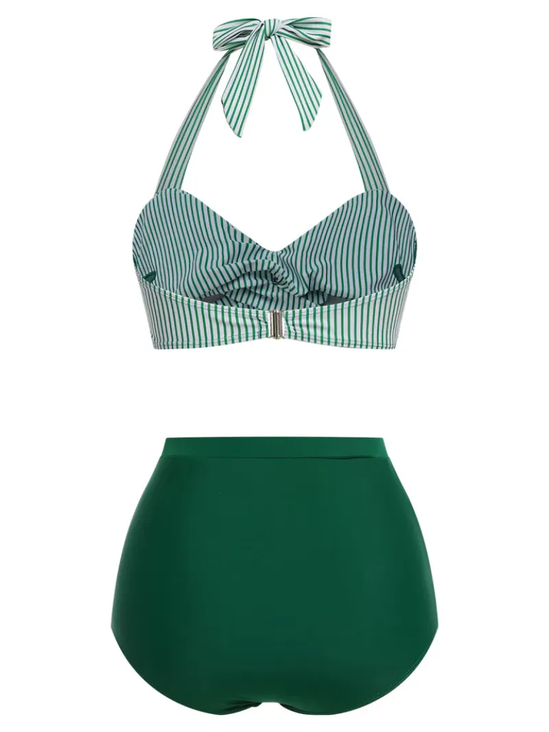 GREEN 1940S STRIPED HALTER SWIMSUIT SET