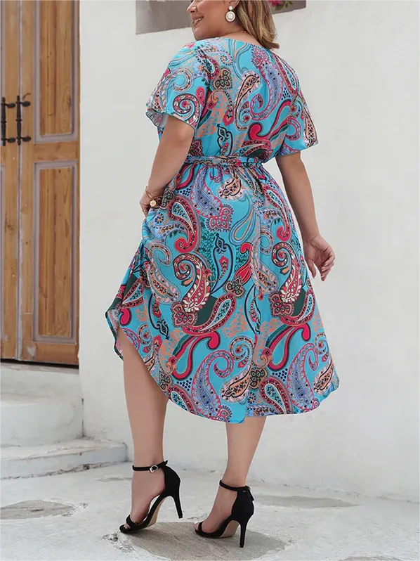 Paisley Print Wrap Belted Curve Hem Dress