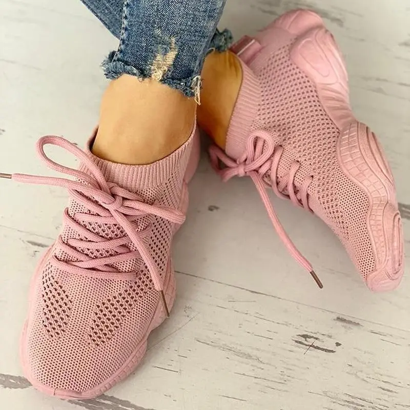 Mesh Sneakers Women Lace Up Stretch Fabric Platform Flat Vulcanized Breathable Fashion Casual Shoes Women