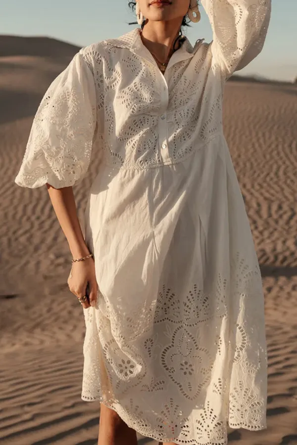 ELEANOR EYELET LACE MIDI DRESS IN CREAM