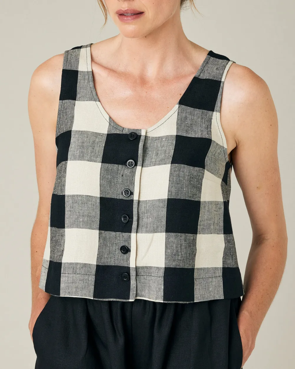 BETTY STONE & BLACK MEGA CHECK LINEN TOP