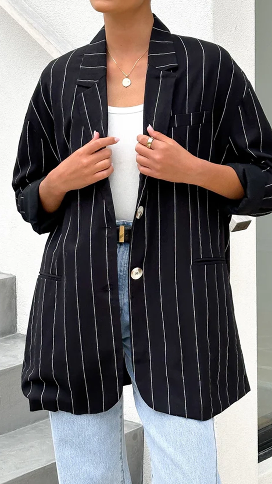 Thea Blazer - Black Pinstripe