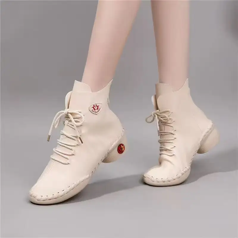 Cilool Lace Up Leather Shoes  Plush Ankle Booties Warm Orthopedic Loafers