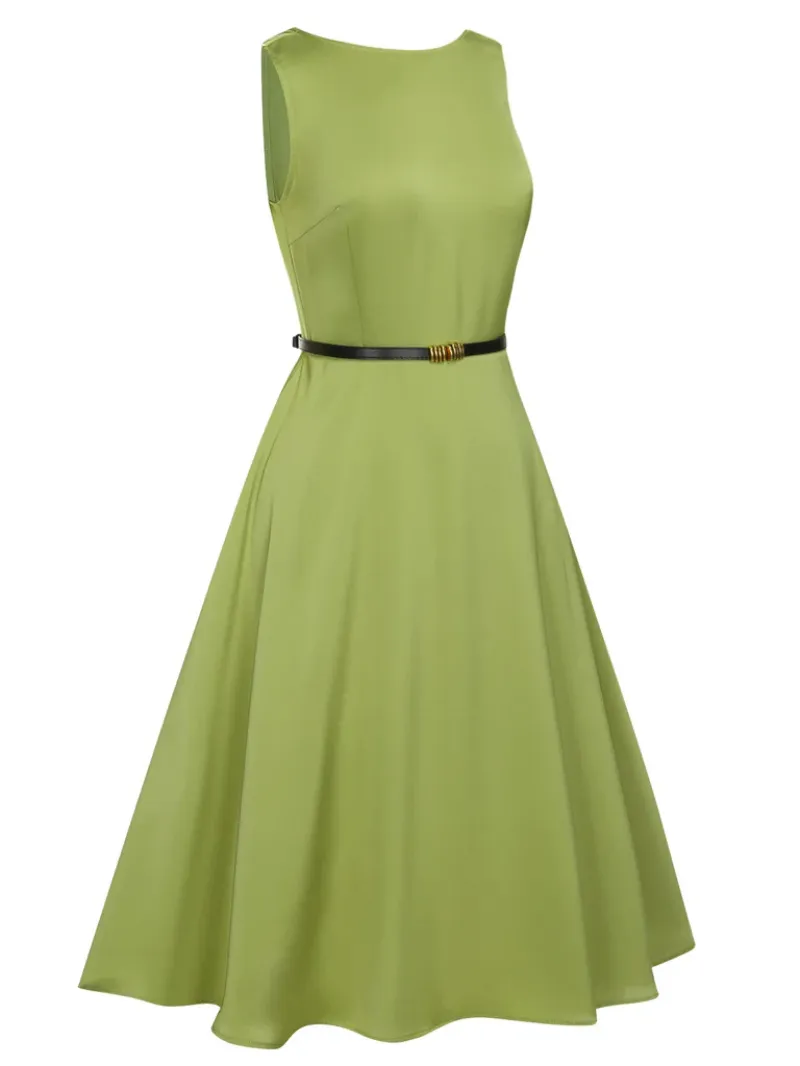 GREEN 1950S BOAT NECK SLEEVELESS BELT DRESS