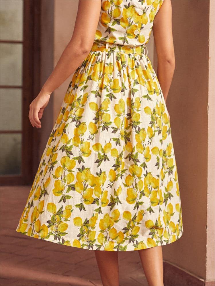 Lemon Printed Pleated Flared Skirts