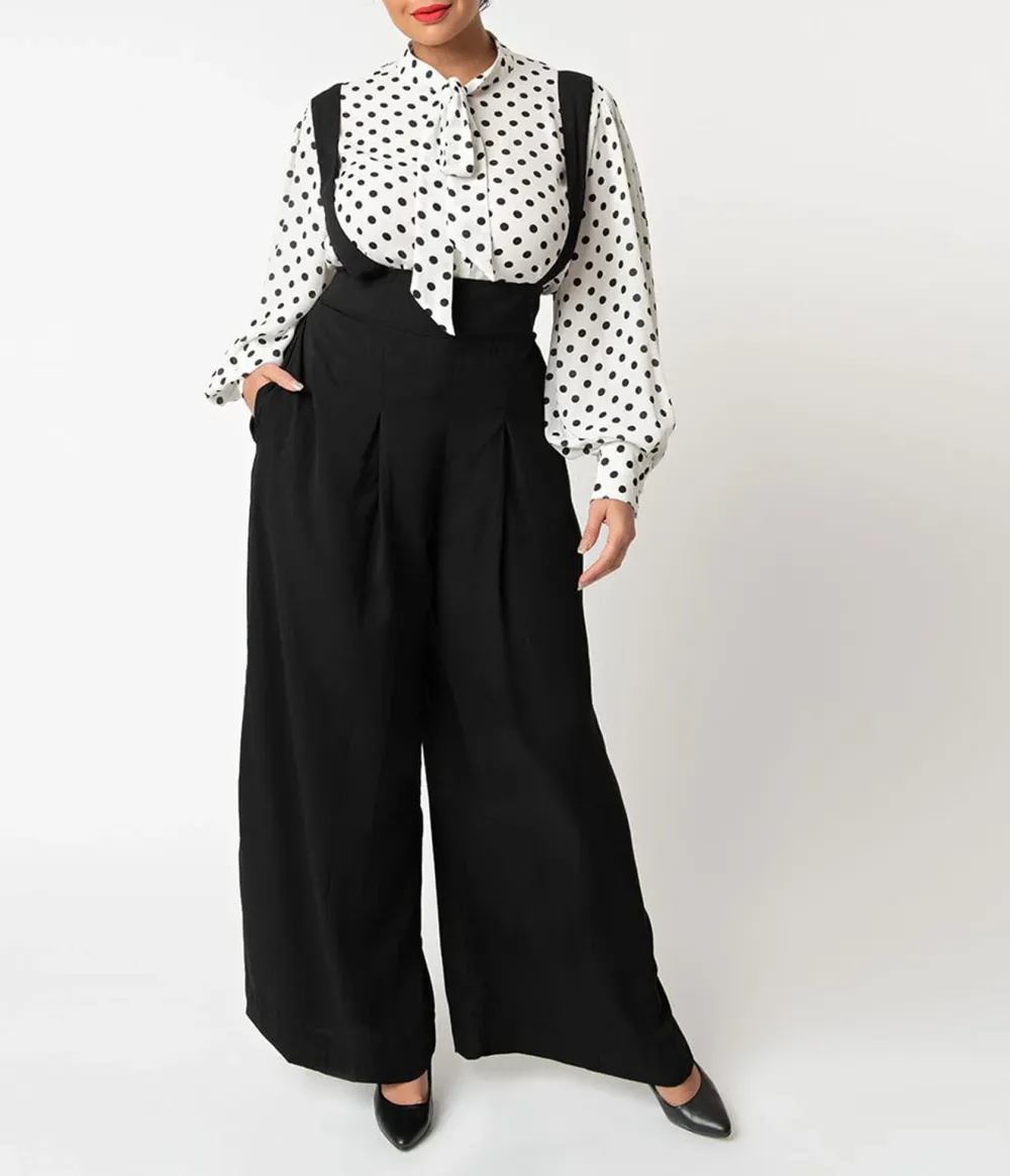 Unique Vintage Plus Size Black Wide Leg Rochelle Suspender Pants