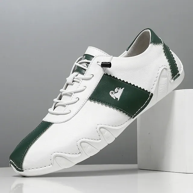 Men's White and Green Casual Sneakers with Unique Wavy Sole and Lace-Up Design – Comfortable Everyday Sport Shoes