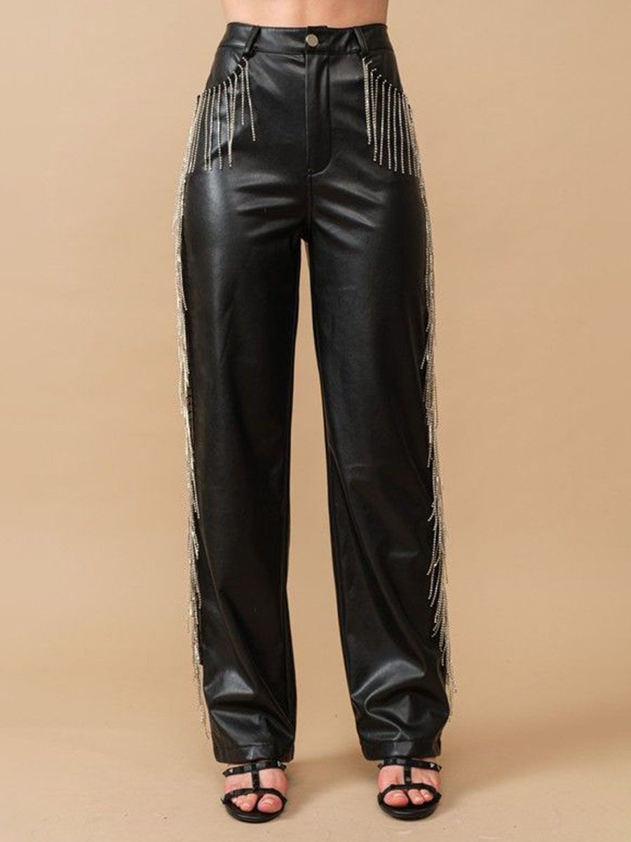 Rhinestone Fringe Leather Pants