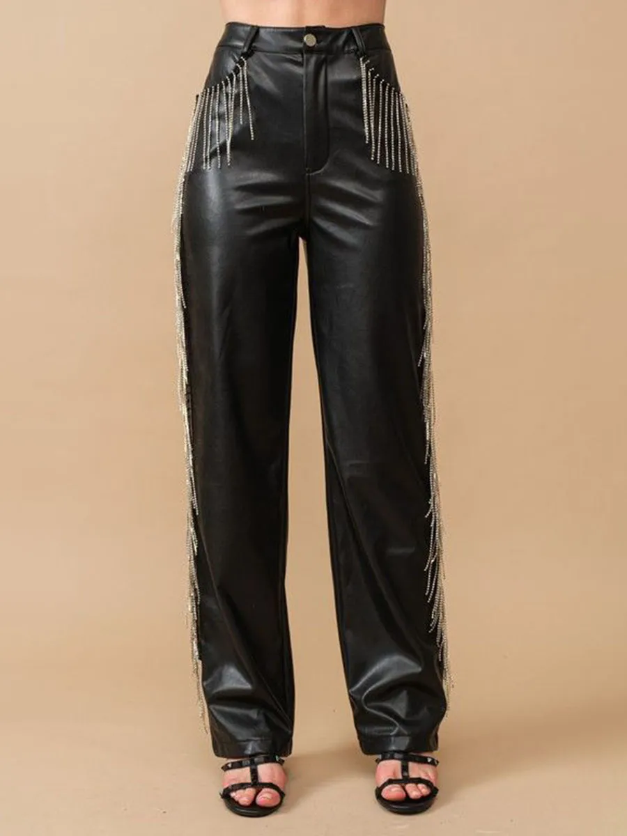 Rhinestone Fringe Leather Pants