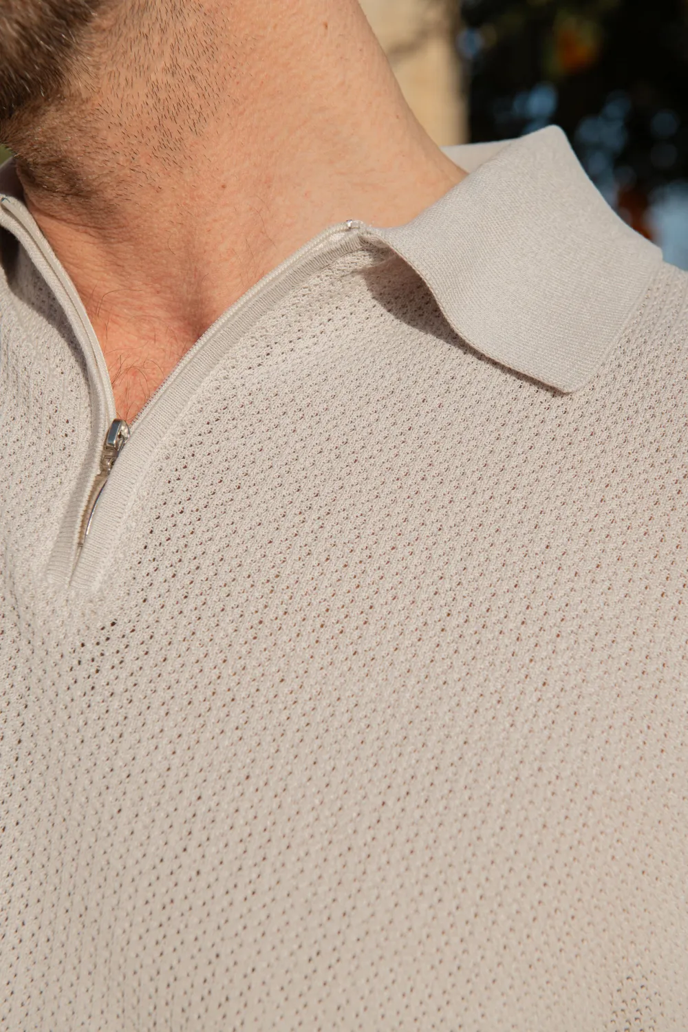 Stone Textured Knit Polo With Zip