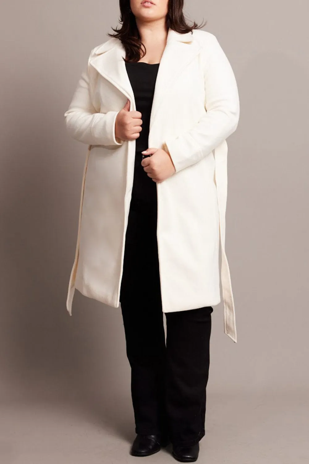 White Long Belted Wrap Coat