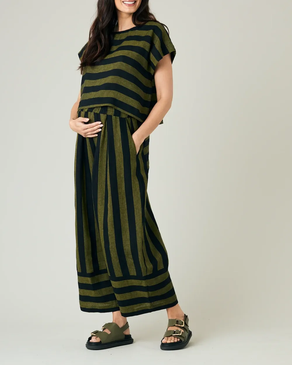 POLLY BLACK & OLIVE STRIPE LINEN TOP