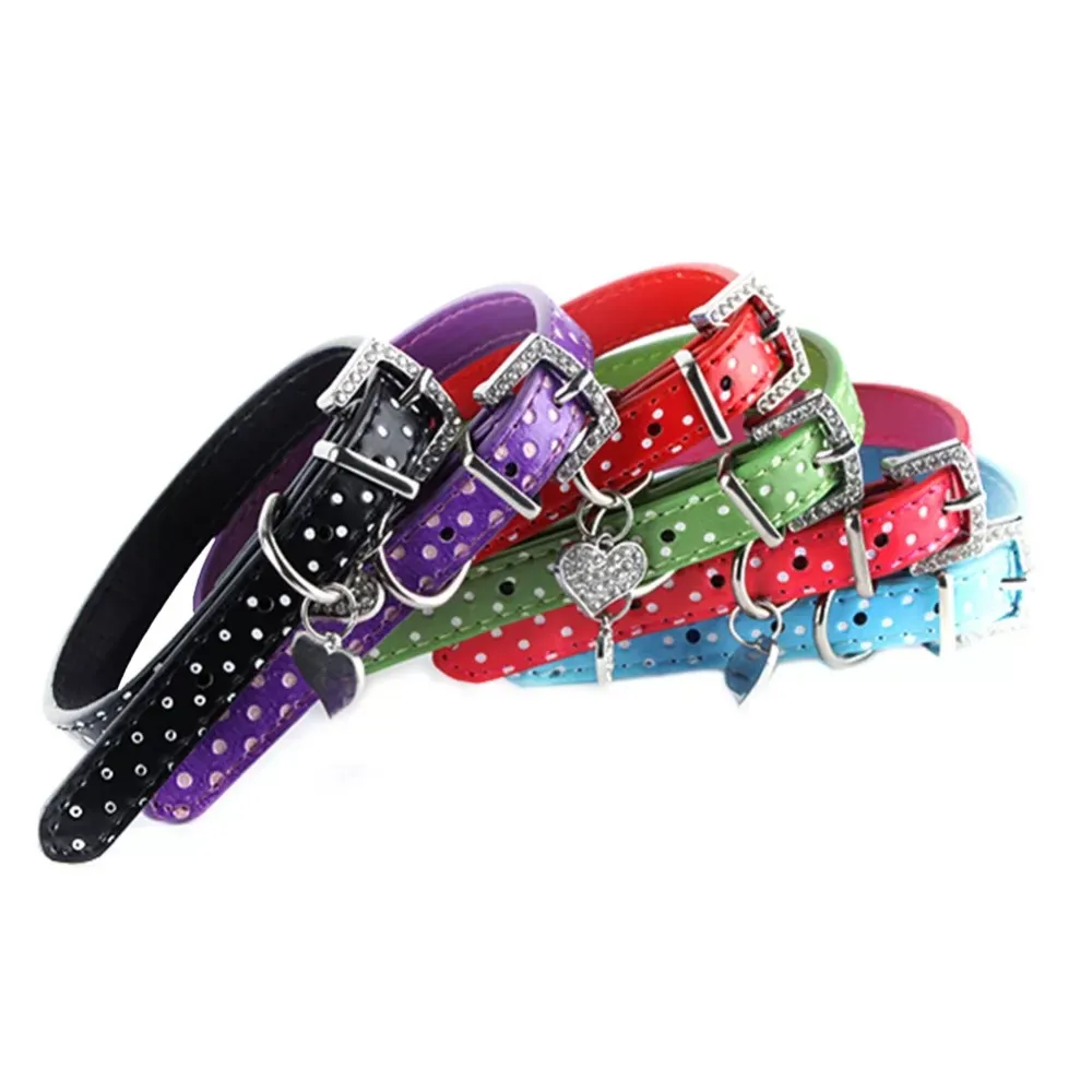 Lovely Small Pets Dog Cat Collar Polka Dot Pattern Dog Collar leather with Heart Crystal Pendant pet products