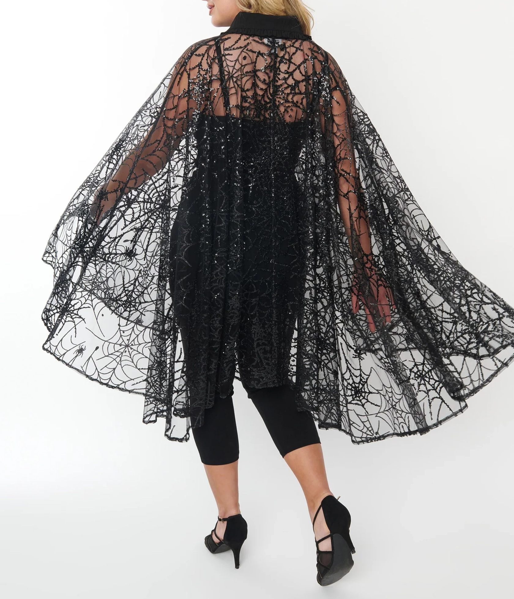 Unique Vintage Black Glitter Spiderweb Mesh Cape