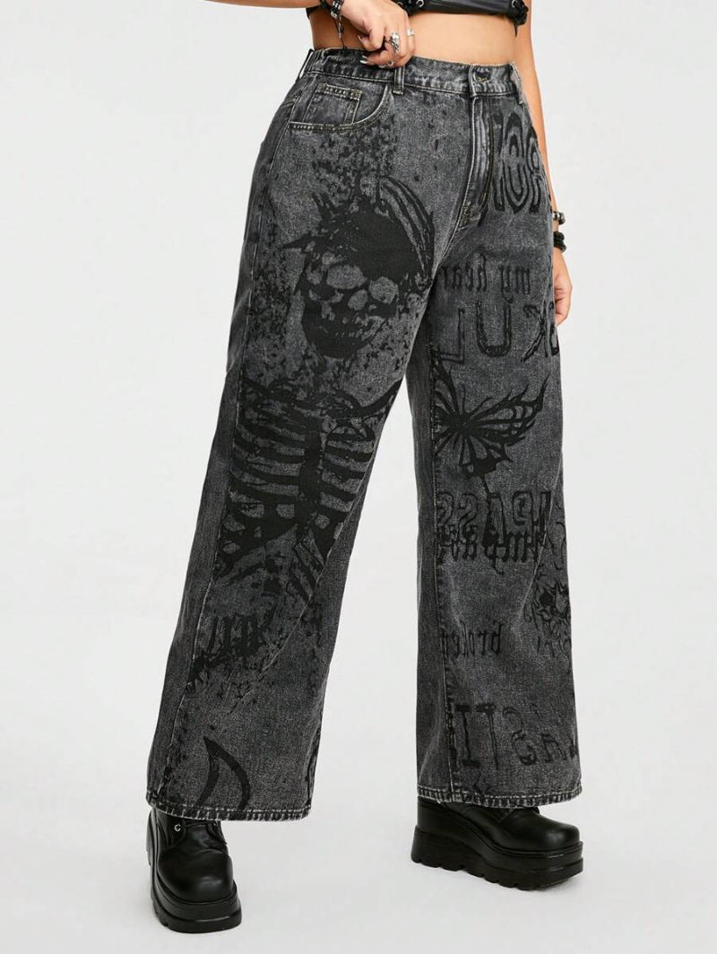 Grunge Punk Plus Size Women's Vintage Washed Skull Butterfly Slogan Design Denim Jeans