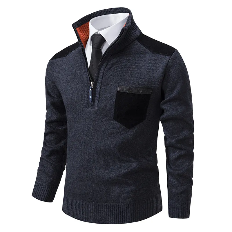 Men's Retro Zipper Stand Collar Contrast Color Pullover Sweater