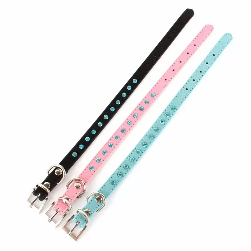 Small Pet Dog Velvet PU Leather Collar Puppy Cat Crystal Rhinestone Neck Strap