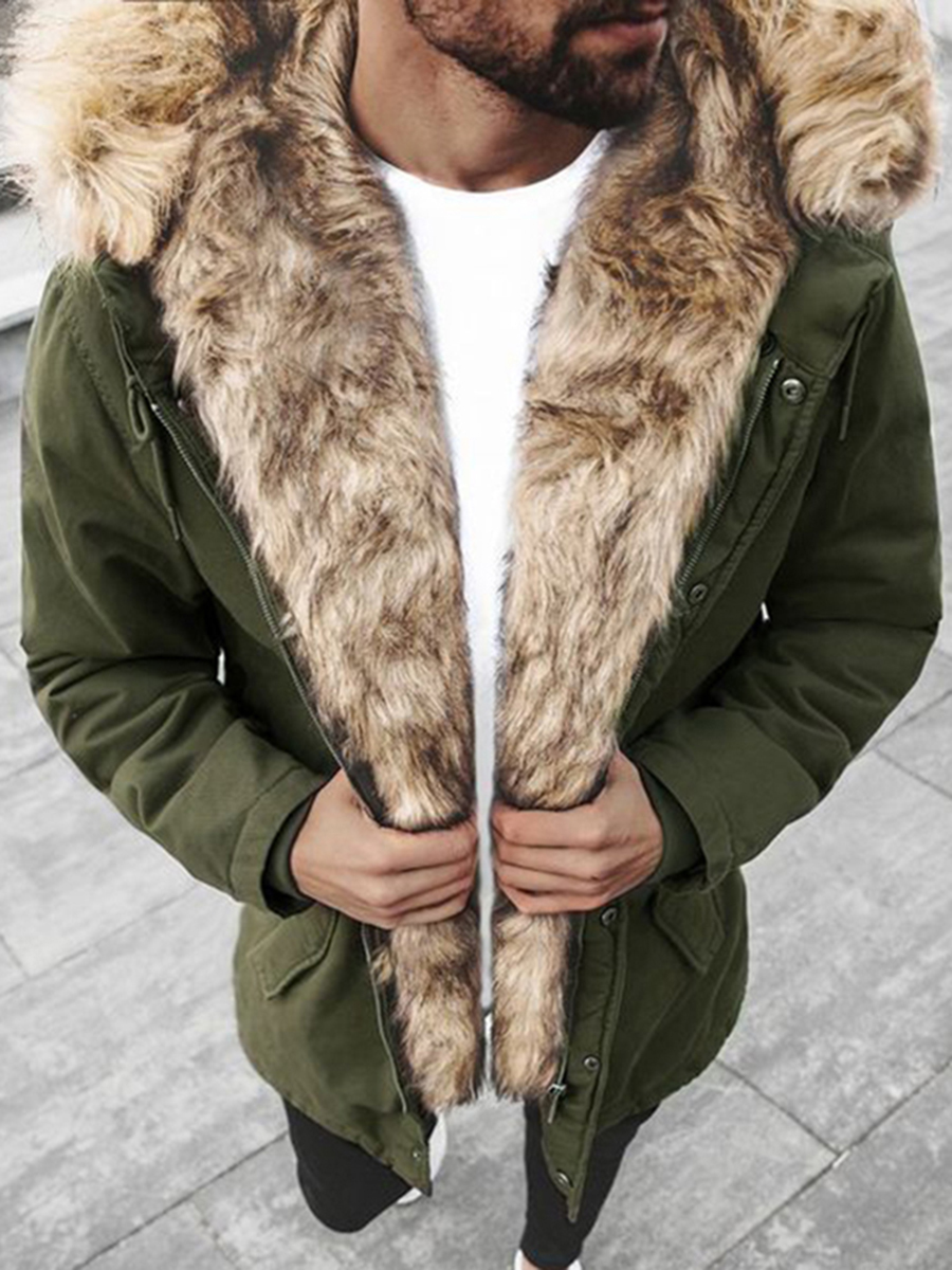 Men's Army Green Fur Collar Hooded Cotton Jacket